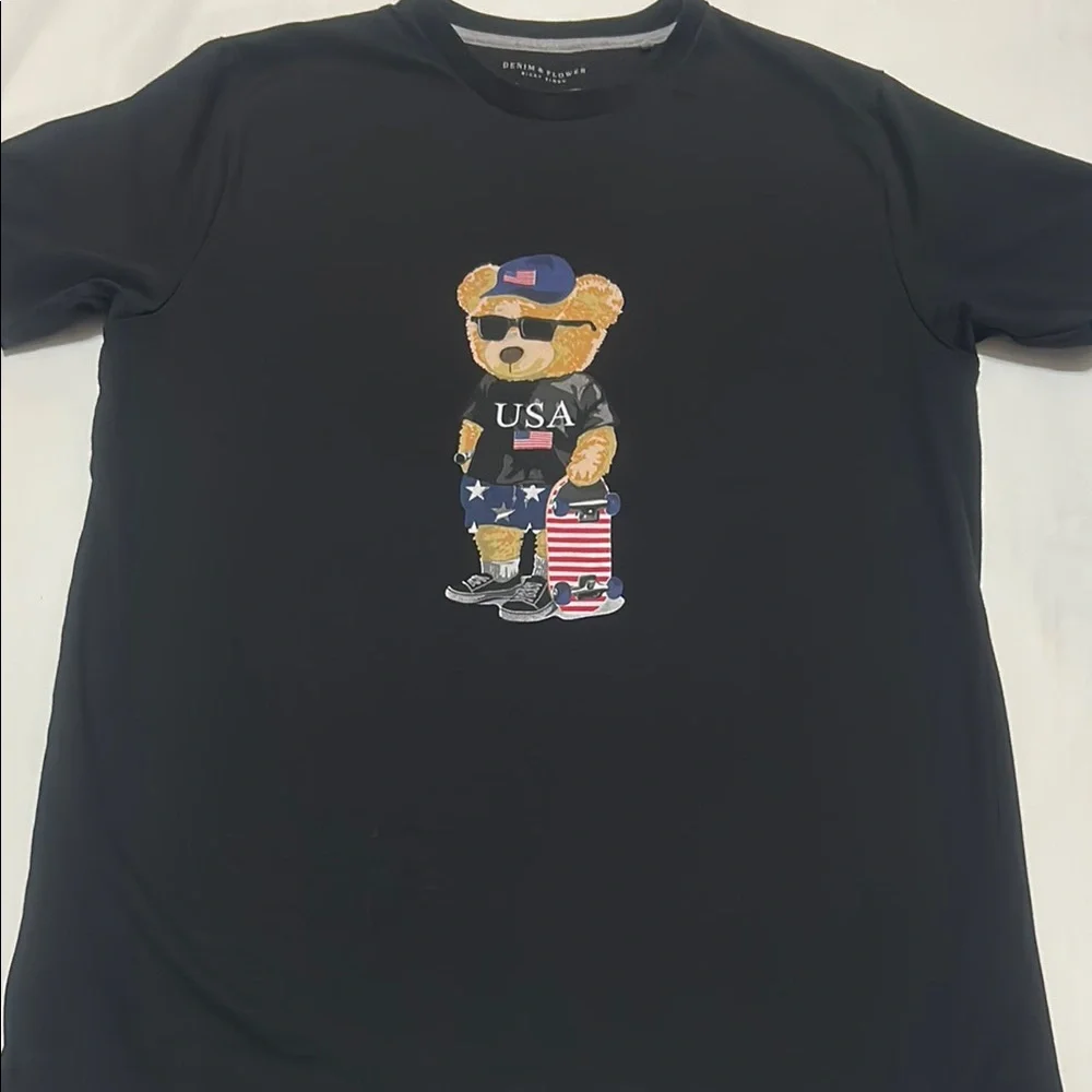Denim&Flower Ricky Singh Unisex Black T-Shirt with Bear Graphic M like new - Picture 2 of 6